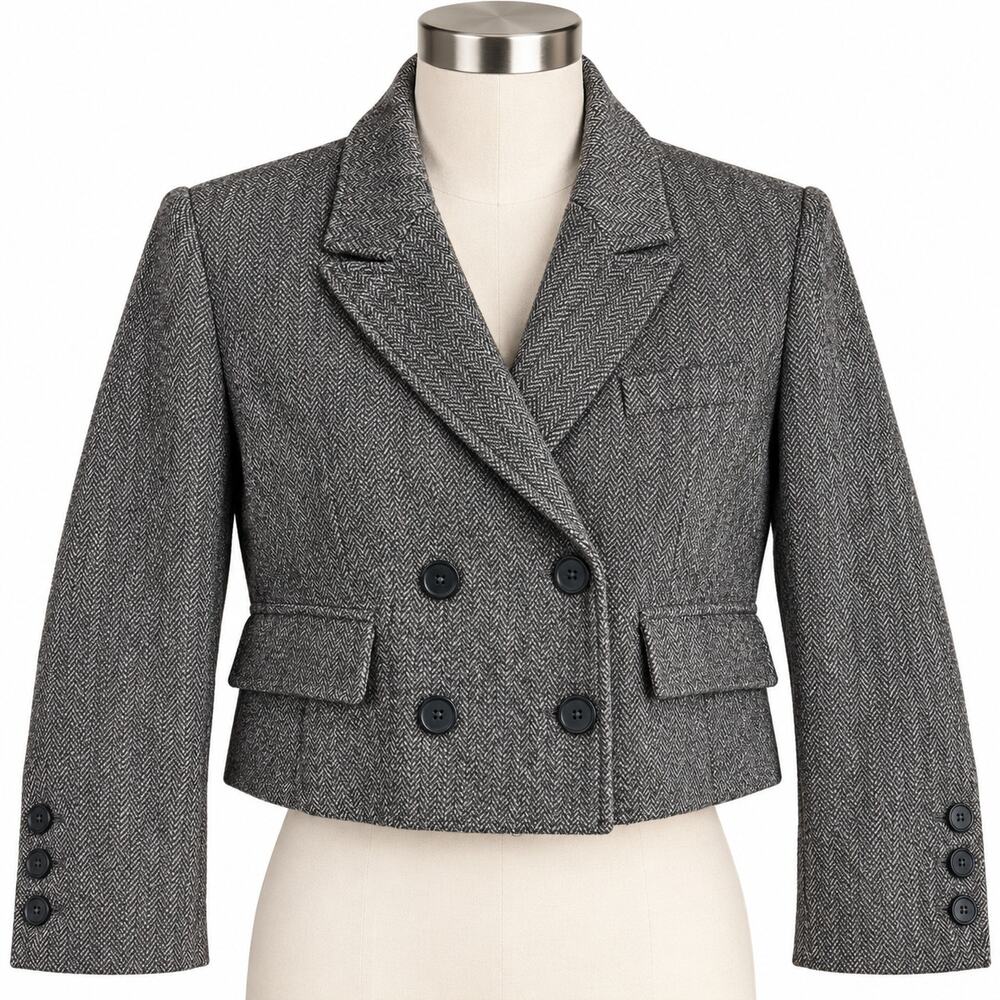 Free People Gray Herringbone Cropped Double Breasted Blazer Women's S Wool
